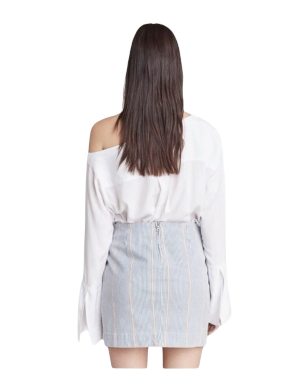 new 3x1 ᯾ Jane Ruffle Stretch Denim Mini Skirt ᯾ Blue Ticking Stripe ᯾ XS ᯾ Chic - Picture 13 of 16